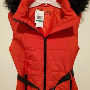 Michael Kors Red Holiday Faux Fur Hooded Vest sz L